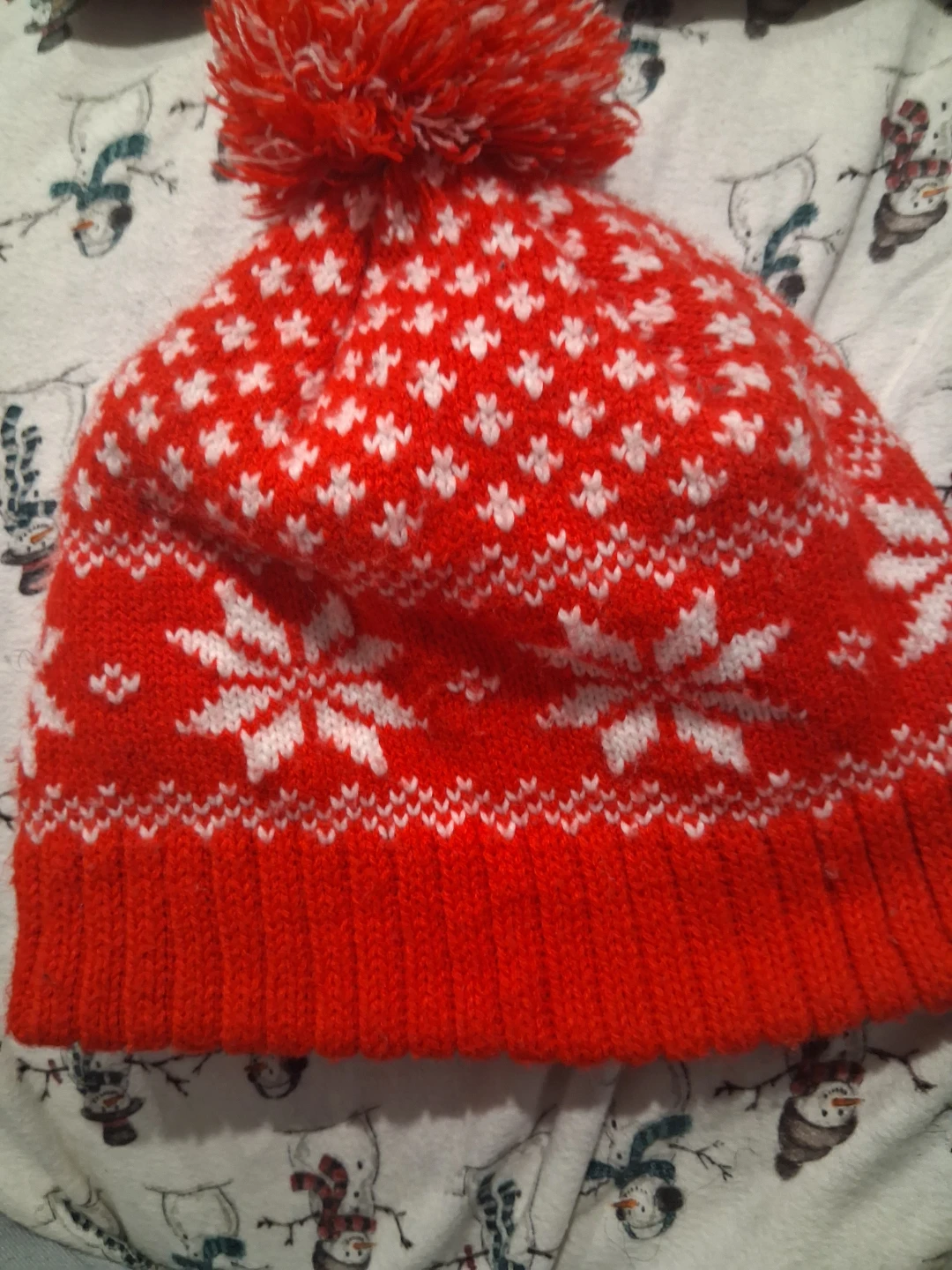 Red and White Snowflake Pom Pom Hat