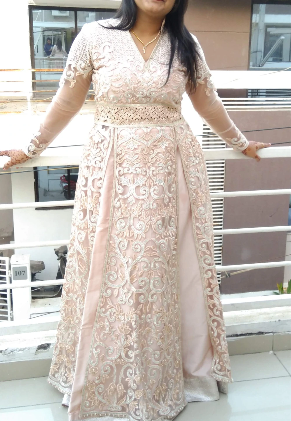 Elegant Peach Embroidered Maxi Dress