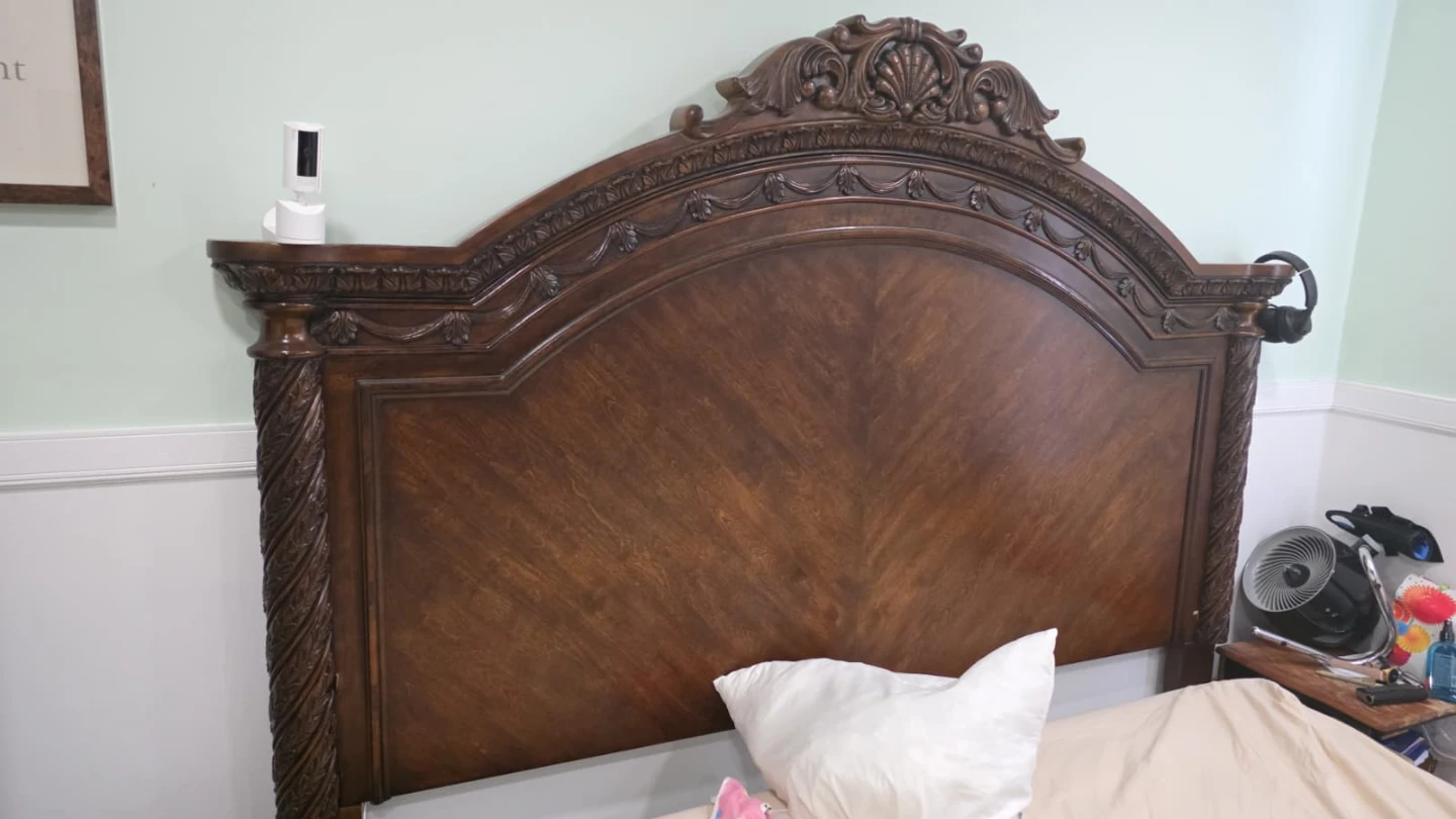 Wooden Bedroom Set - Ornate Carved Headboard & Armoire - photo 2
