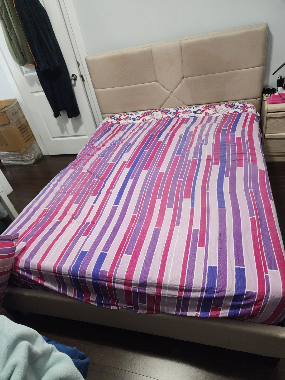 Queen Size Bed Frame with Upholstered Headboard and mattress