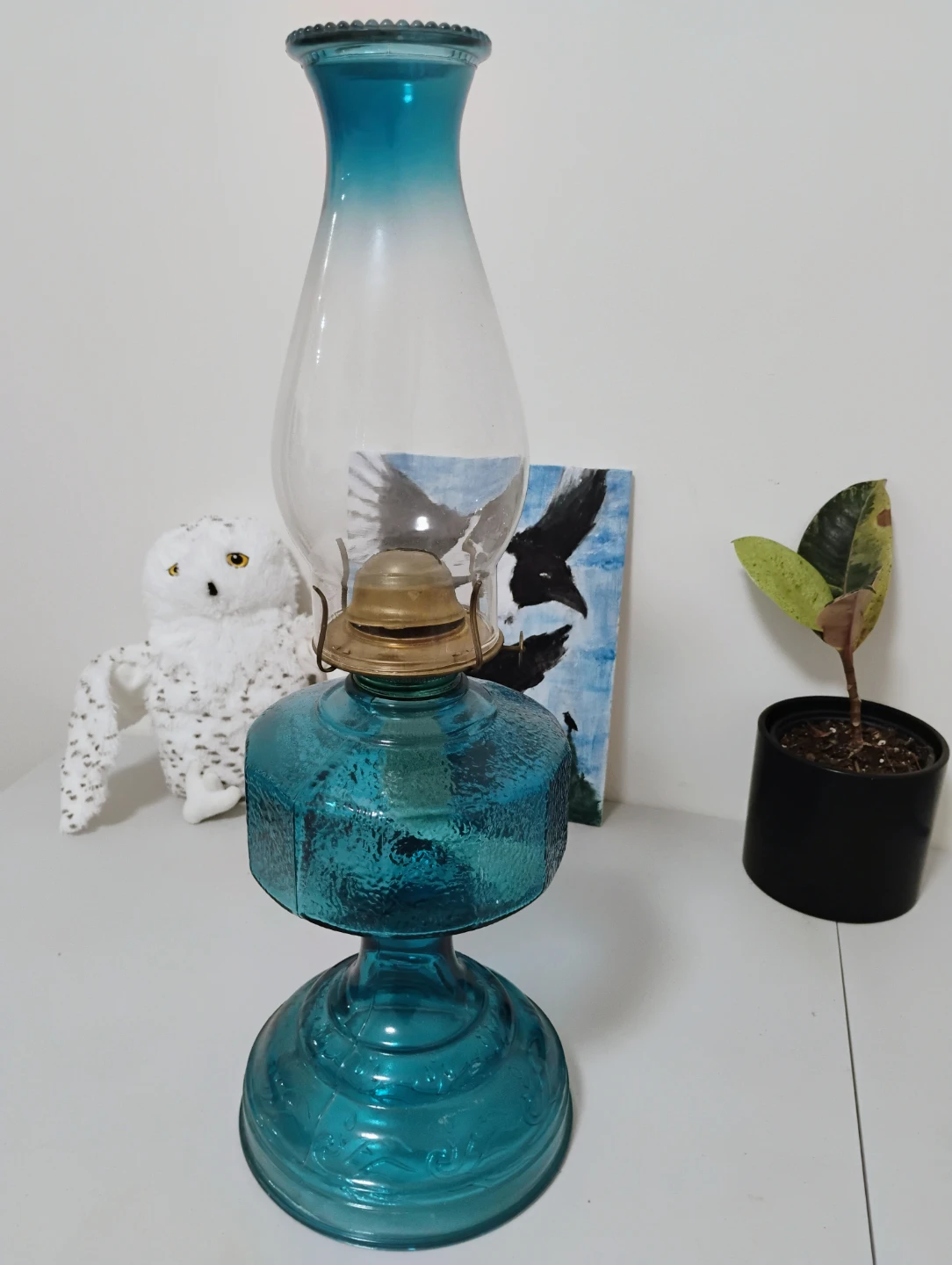 Rare find!! Blue Glass Oil Kerosene Lamp with Brass Burner