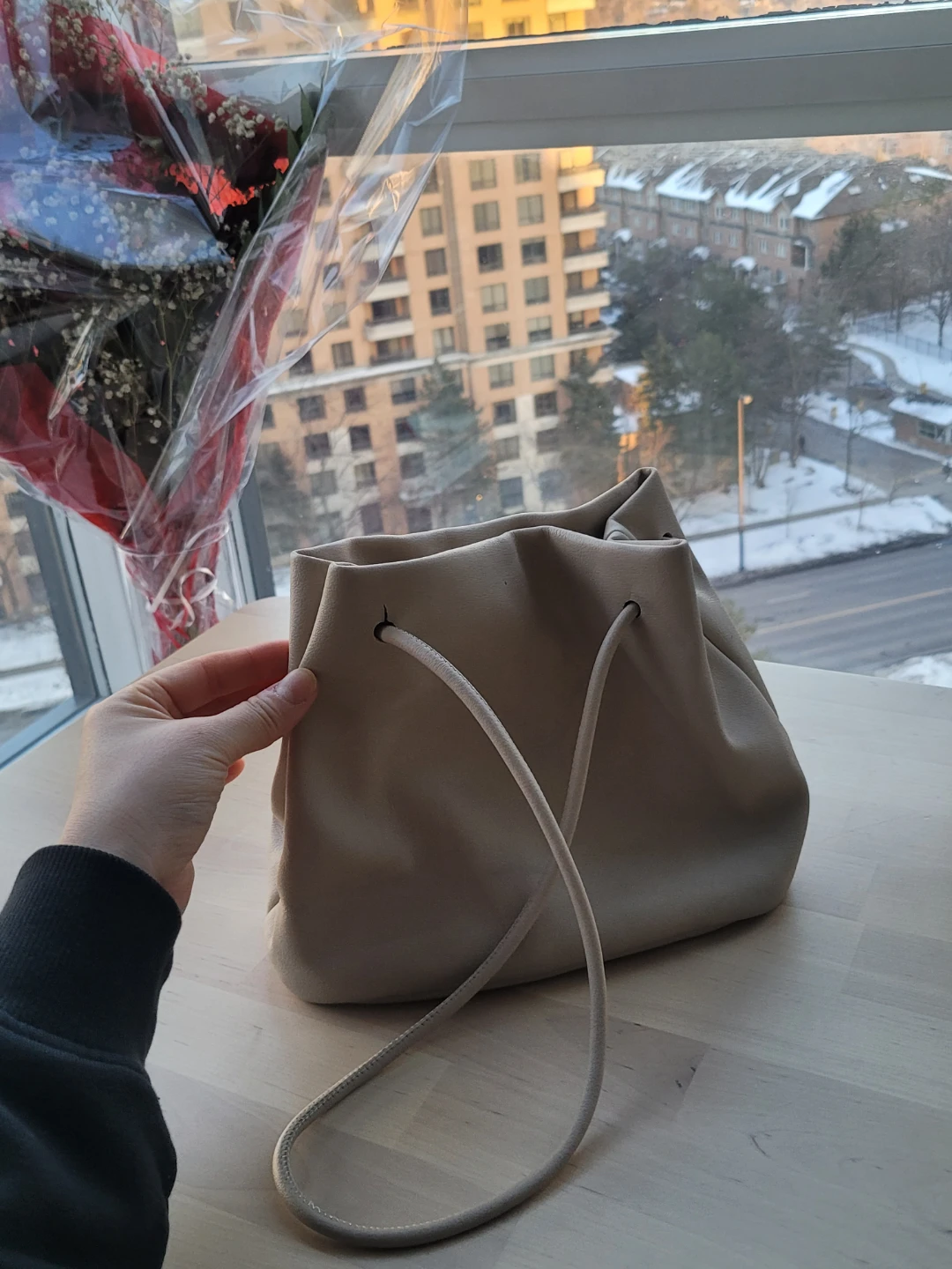 Beige Leather Bucket Bag
