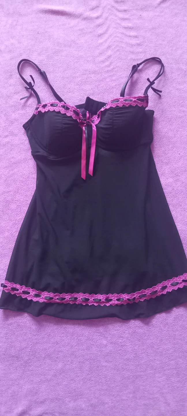 Black Mesh Babydoll Lingerie with Pink Lace Trim Bra size: 34B