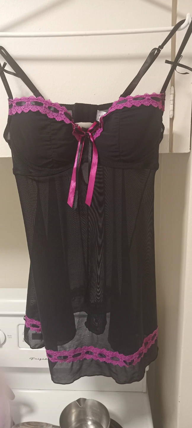 Black Mesh Babydoll Lingerie with Pink Lace Trim Bra size: 34B - photo 2