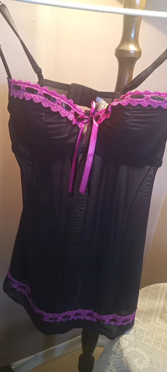 Black Mesh Babydoll Lingerie with Pink Lace Trim Bra size: 34B - photo 3
