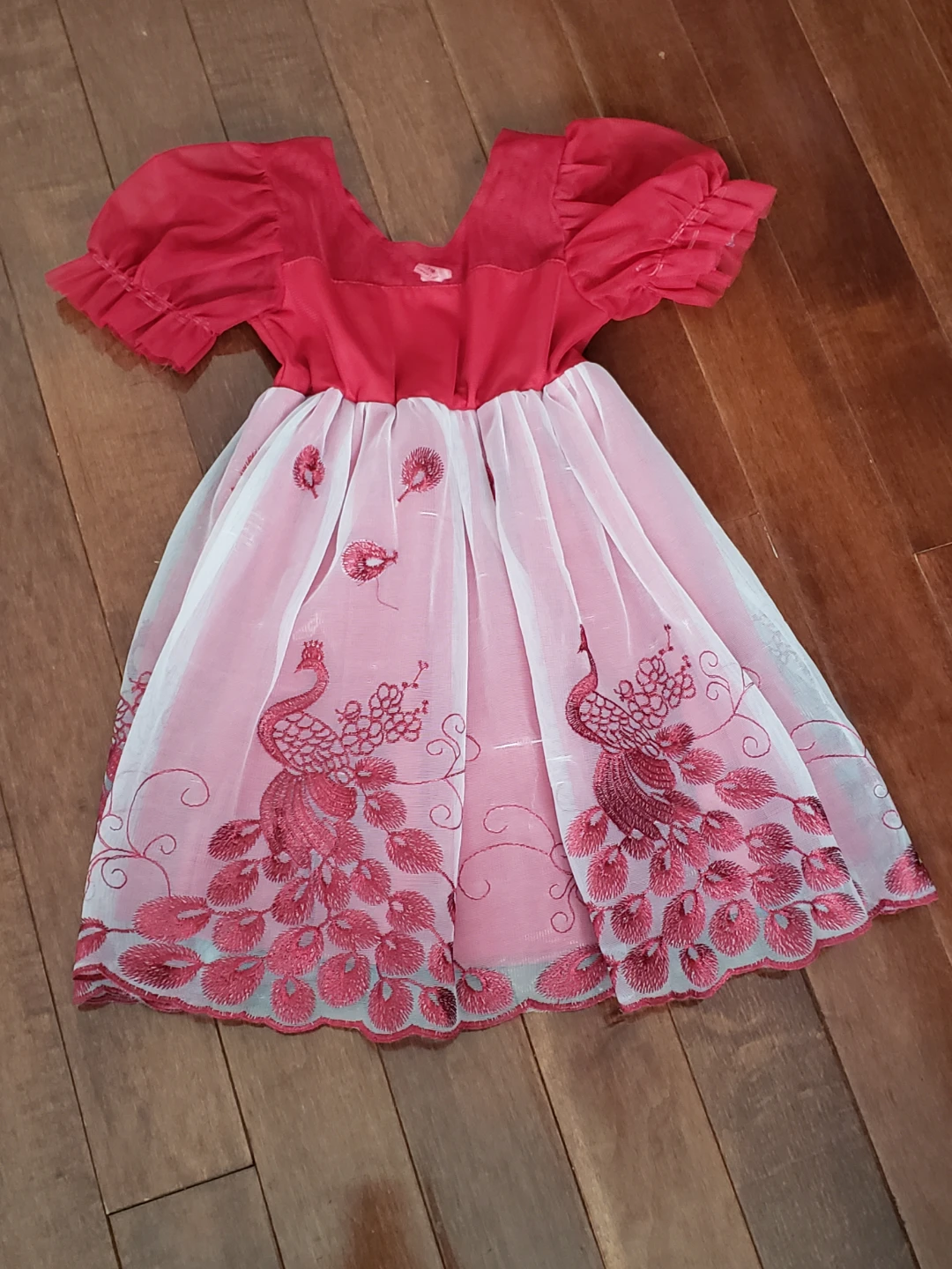 Girls Red & White Peacock Embroidered Dress