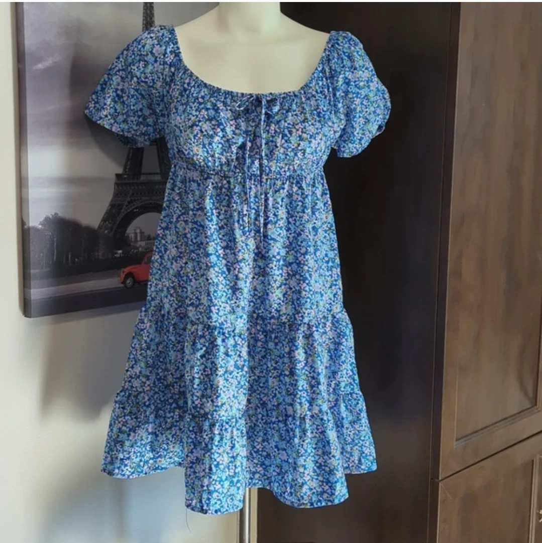 Streetwear Society Blue Floral Tiered Mini Dress Size M