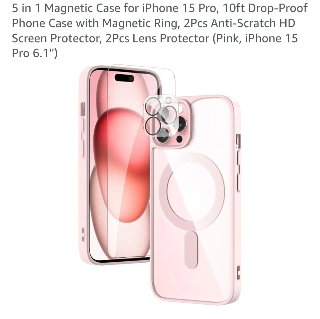 Pink Magnetic Case with Screen & Lens Protectors iPhone 15 Pro