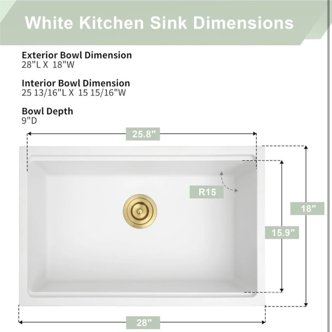 White Granite Kitchen Sink,Undermount Deep & Large 28x18” NEW - photo 5
