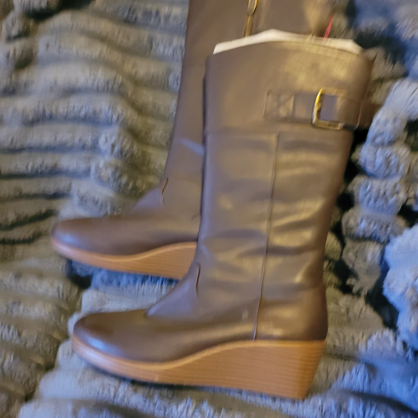W8.5Crocs Brown Leather like Wedge Boots