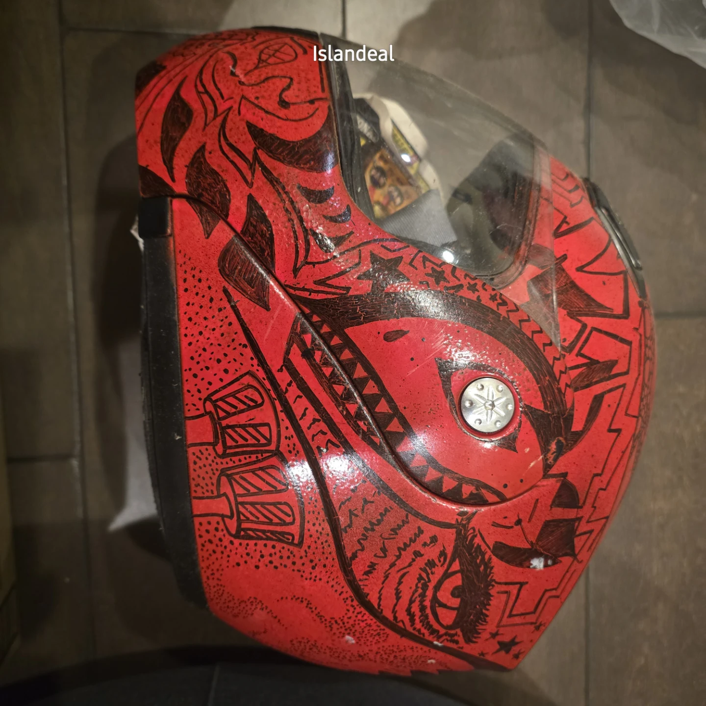 Red Motorcycle Helmet with Black Tribal Design