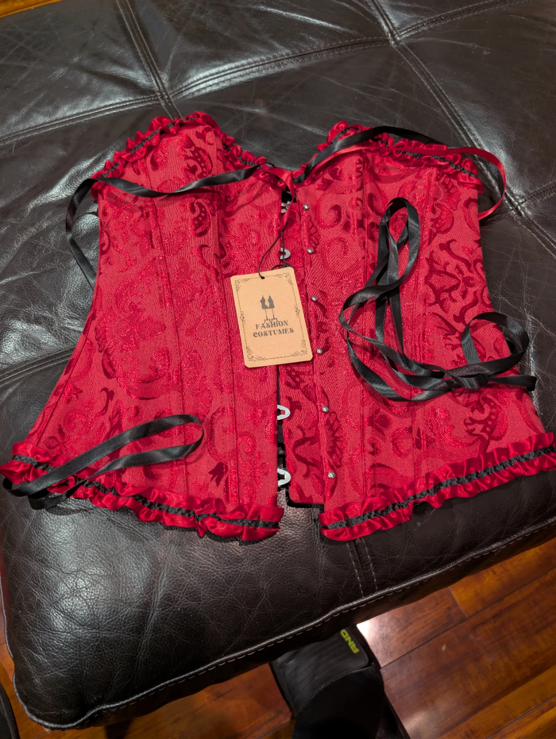 Red Brocade Corset with Black Ribbon Lacing