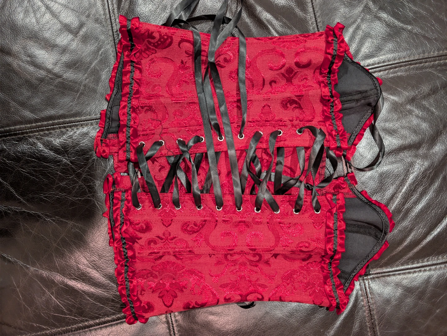 Red Brocade Corset with Black Ribbon Lacing - photo 2