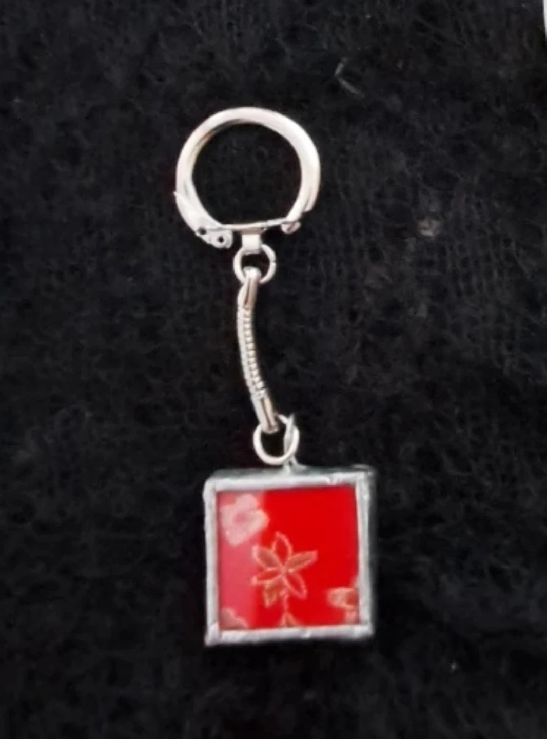 Square Red Floral Charm Keychain