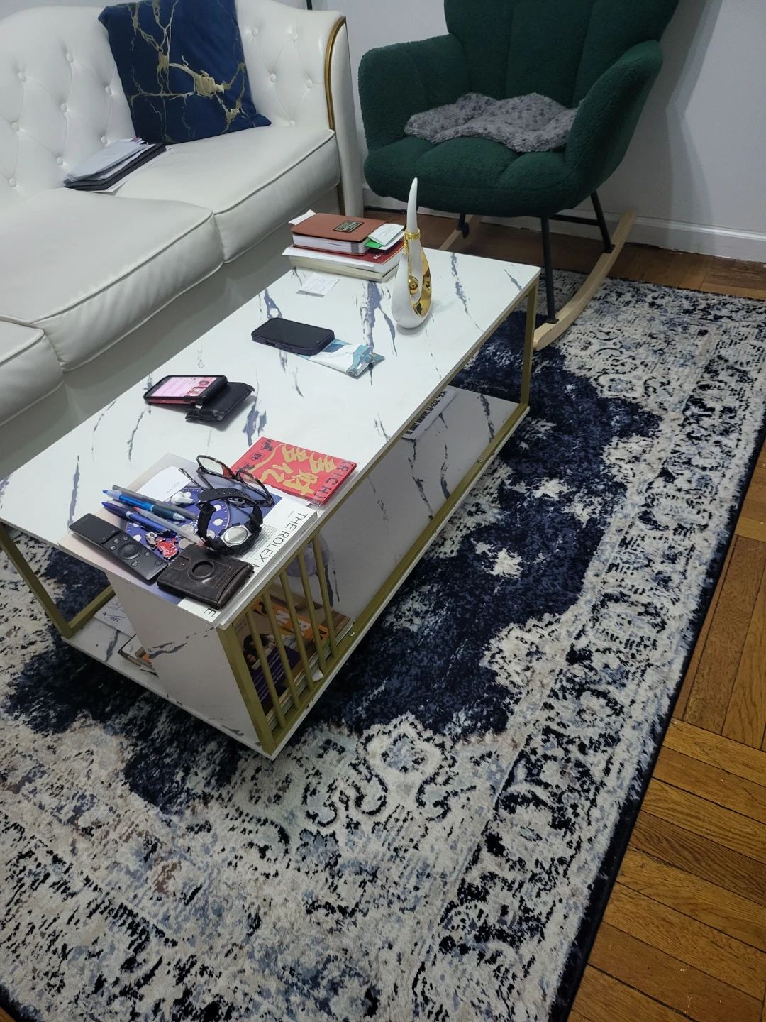 White Marble Top Coffee Table with Gold Frame - photo 2