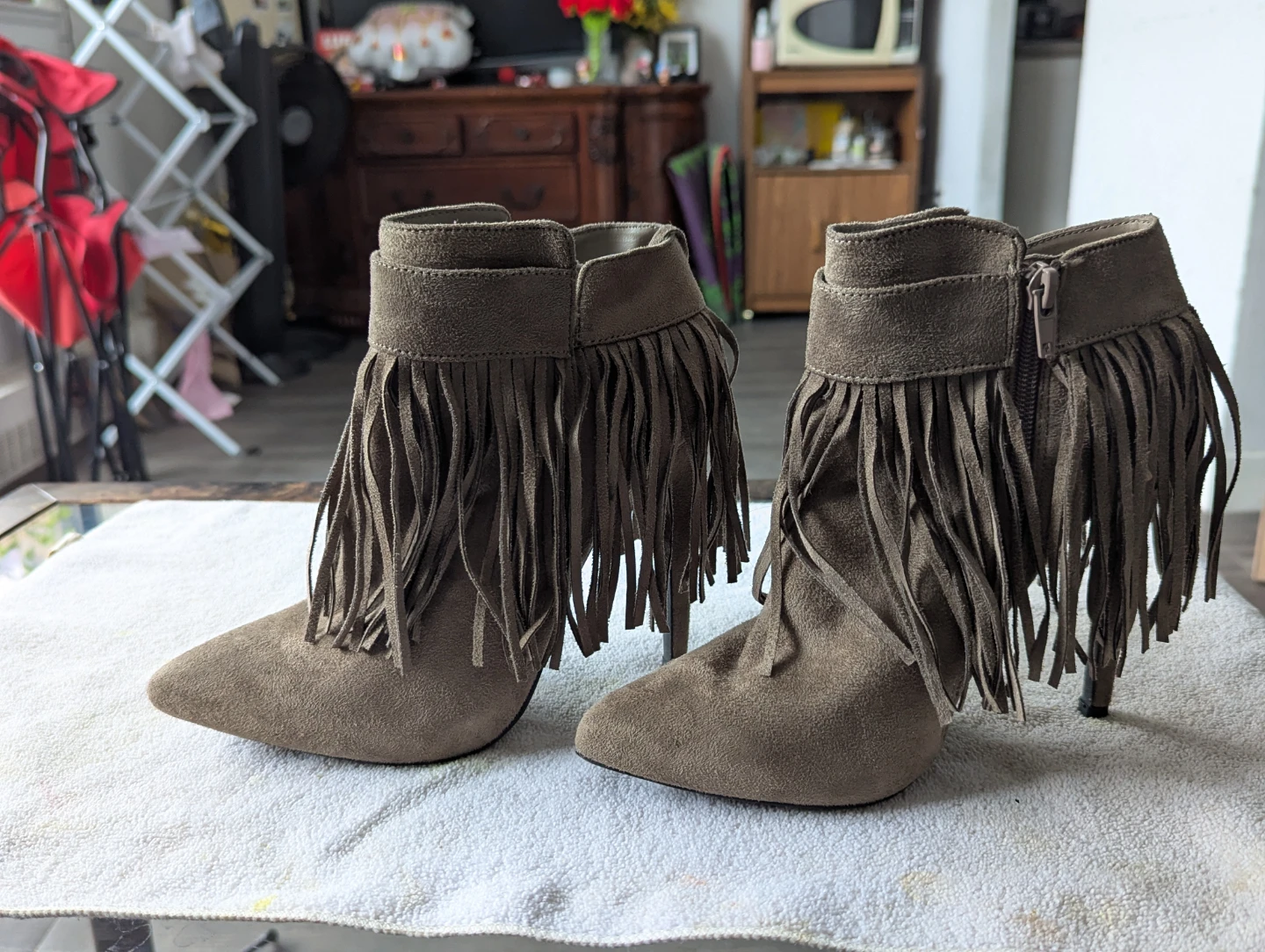 Women's Taupe Suede Fringe Ankle Boots - Size 7