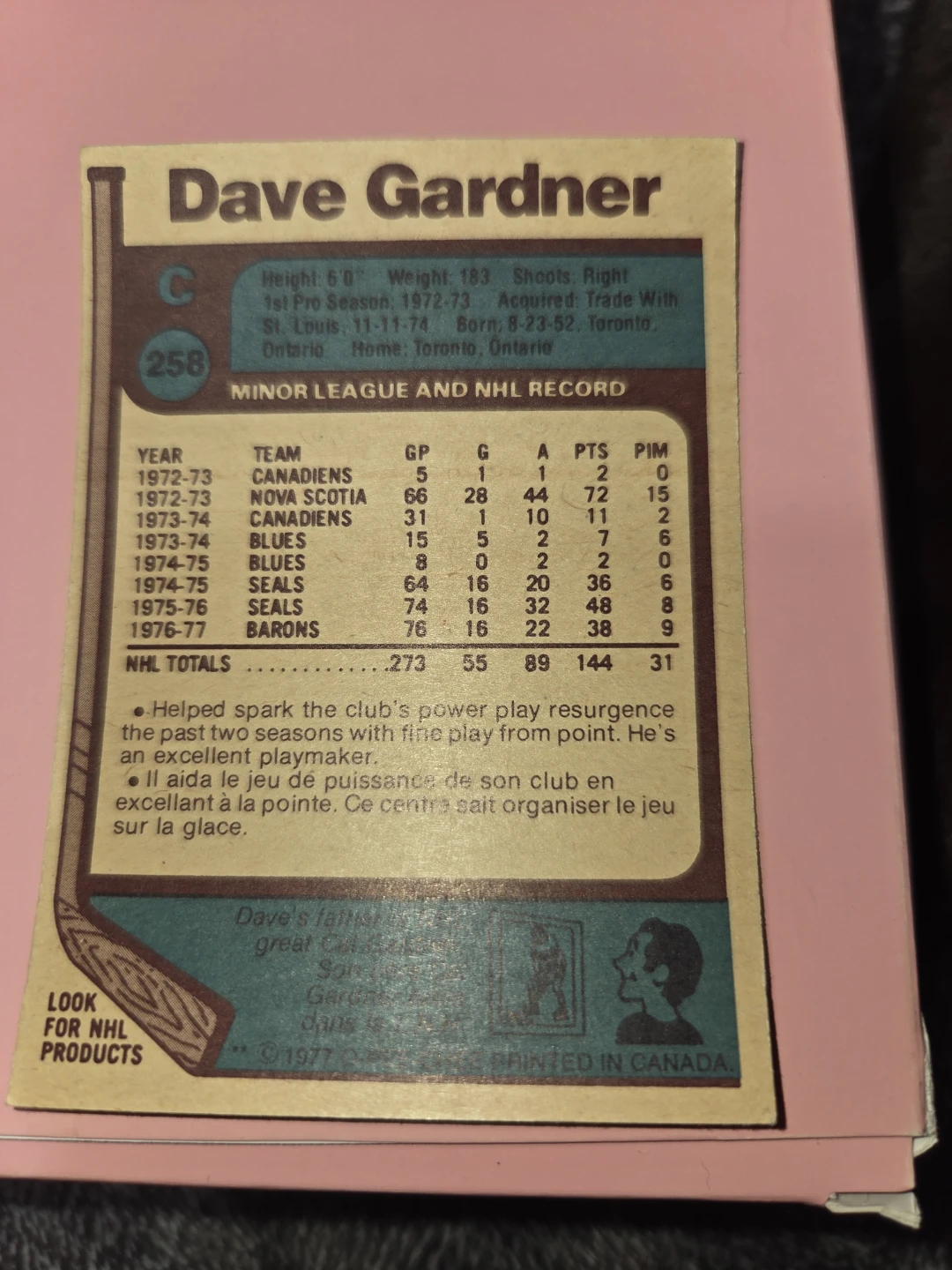 Dave Gardner 1977 Hockey Card with stats - photo 2