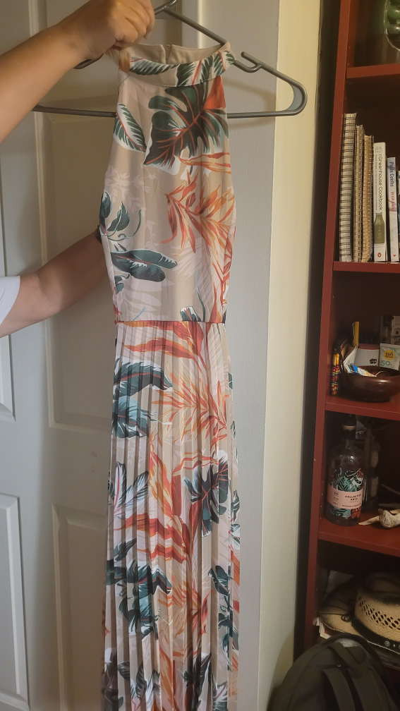 Women's Tropical Print Halter Dress with Pleated Skirt