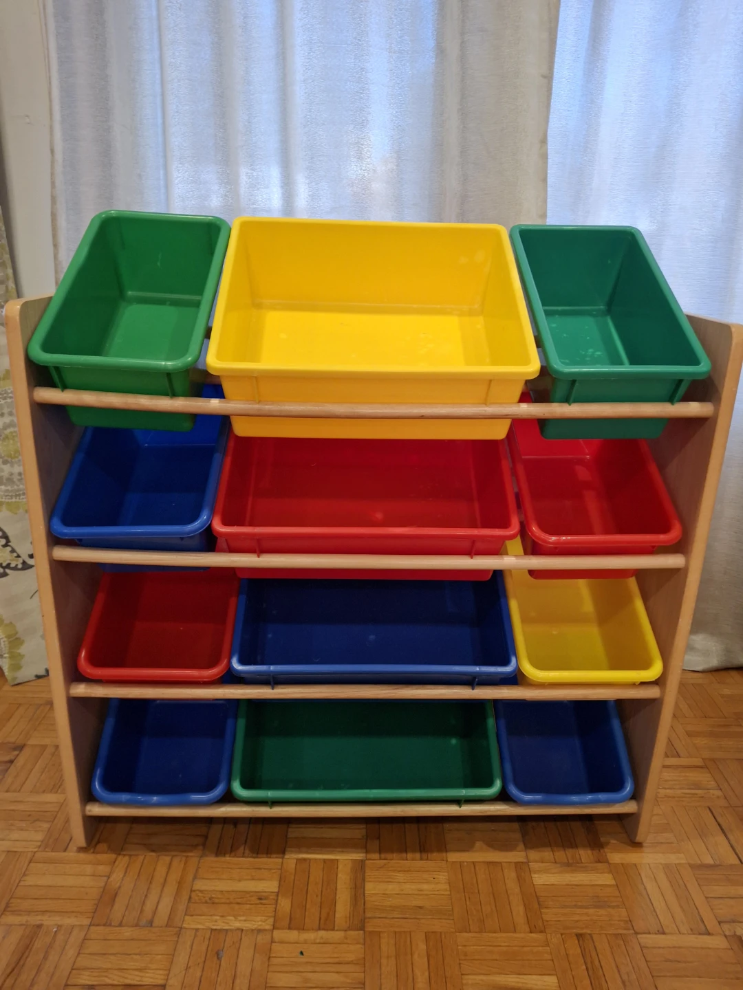 Wooden Toy Organizer with Colorful Bins