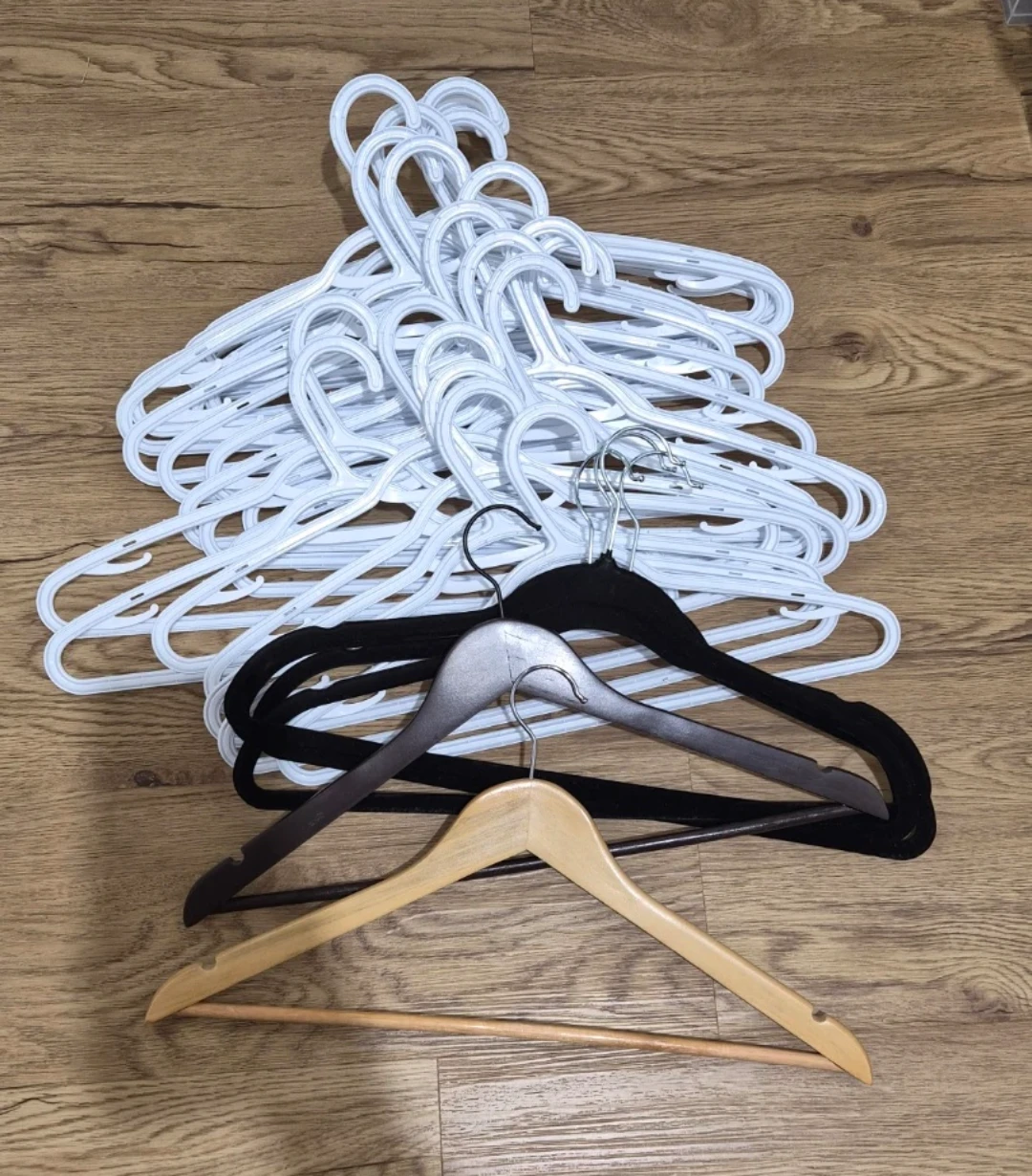 Assorted Clothes Hangers (White Plastic, Black Velvet, Wood)