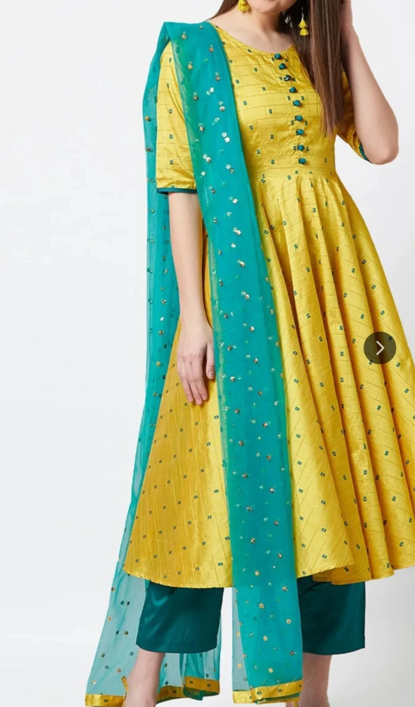 Yellow Kurti Set with Teal Dupatta and Pants