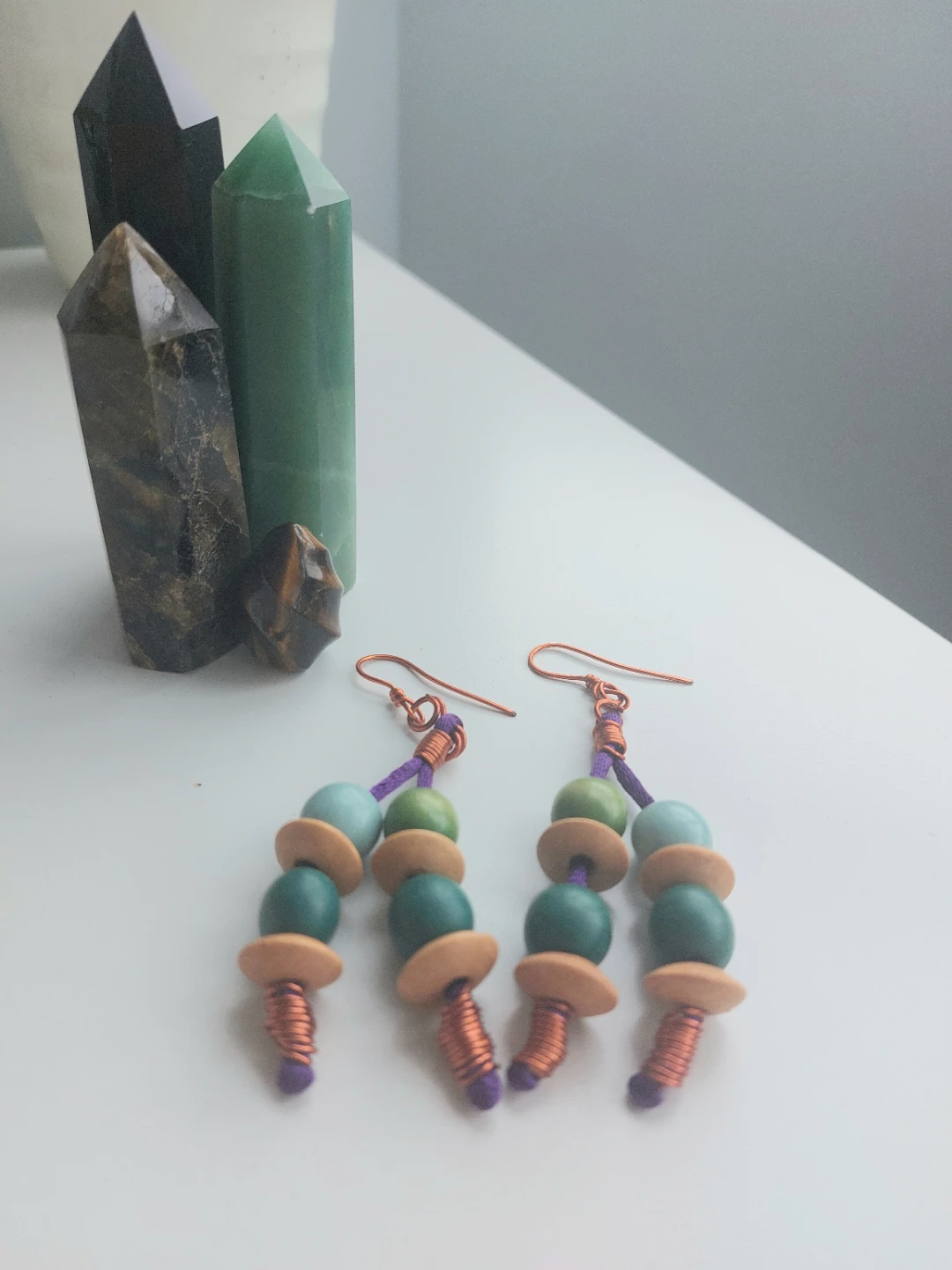 Handmade Beaded Copper Earrings - photo 2