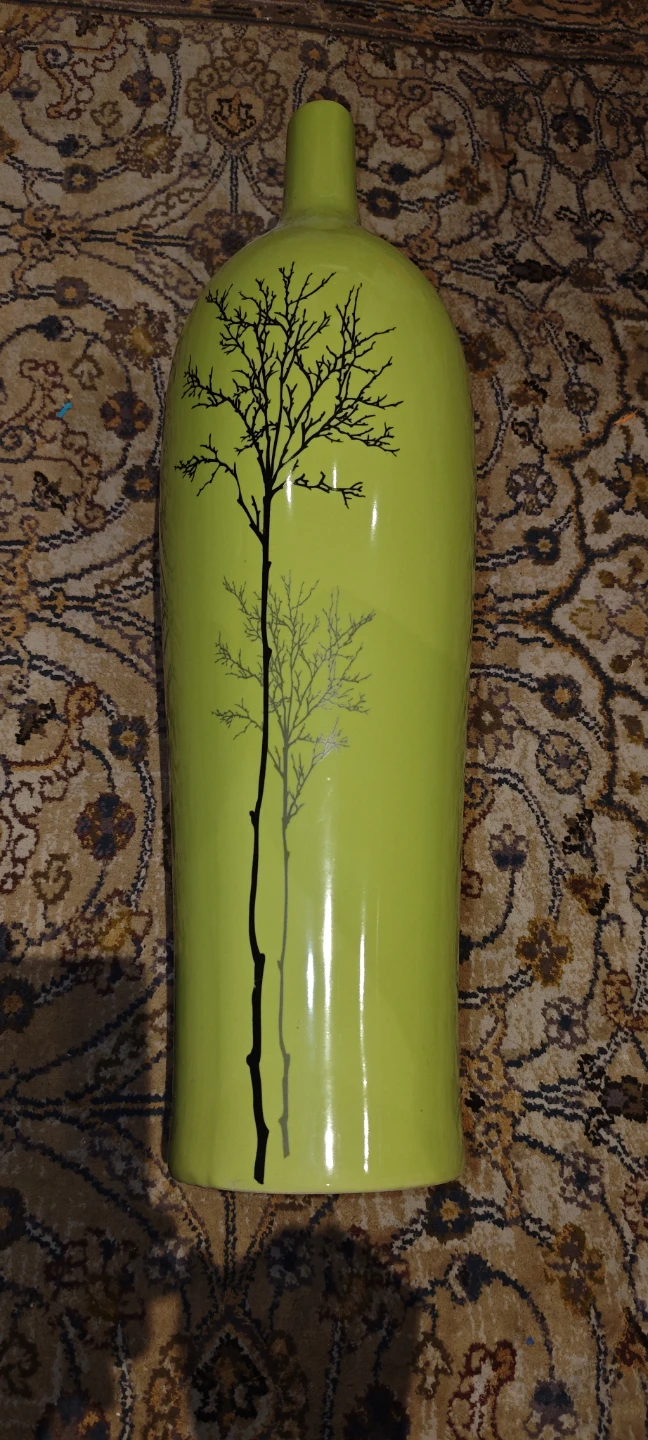 Large Lime Green Ceramic Vase with Tree Design