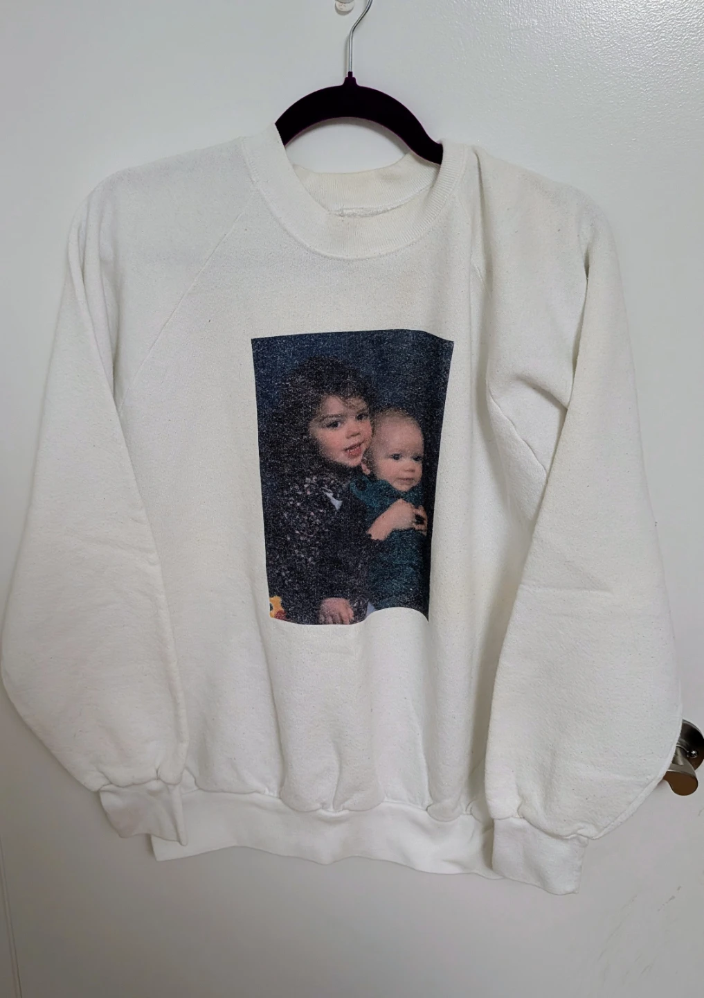 White Sweatshirt with Children Photo Graphic - Men's Large