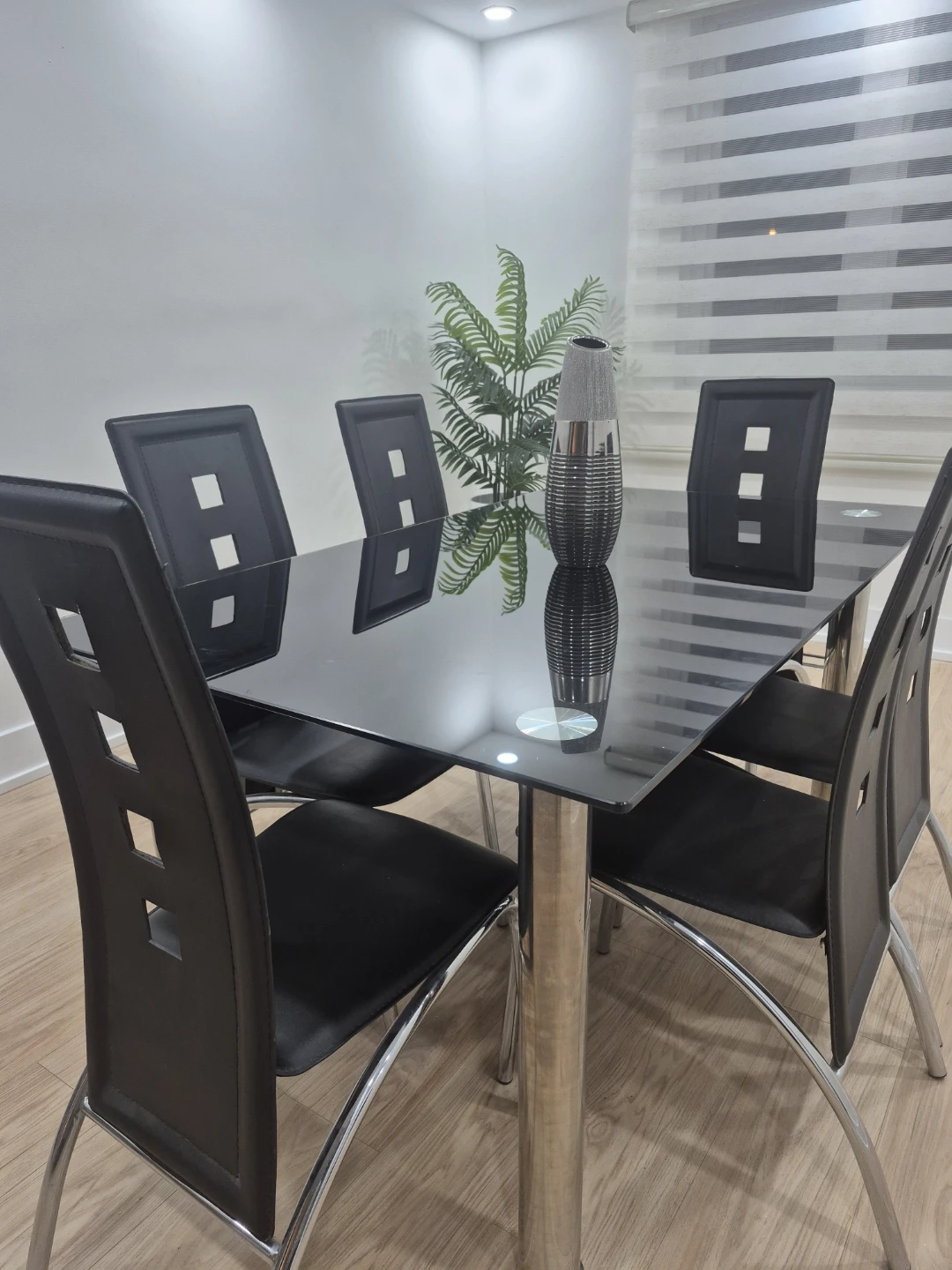 Black Glass Dining Table with 6 Chairs