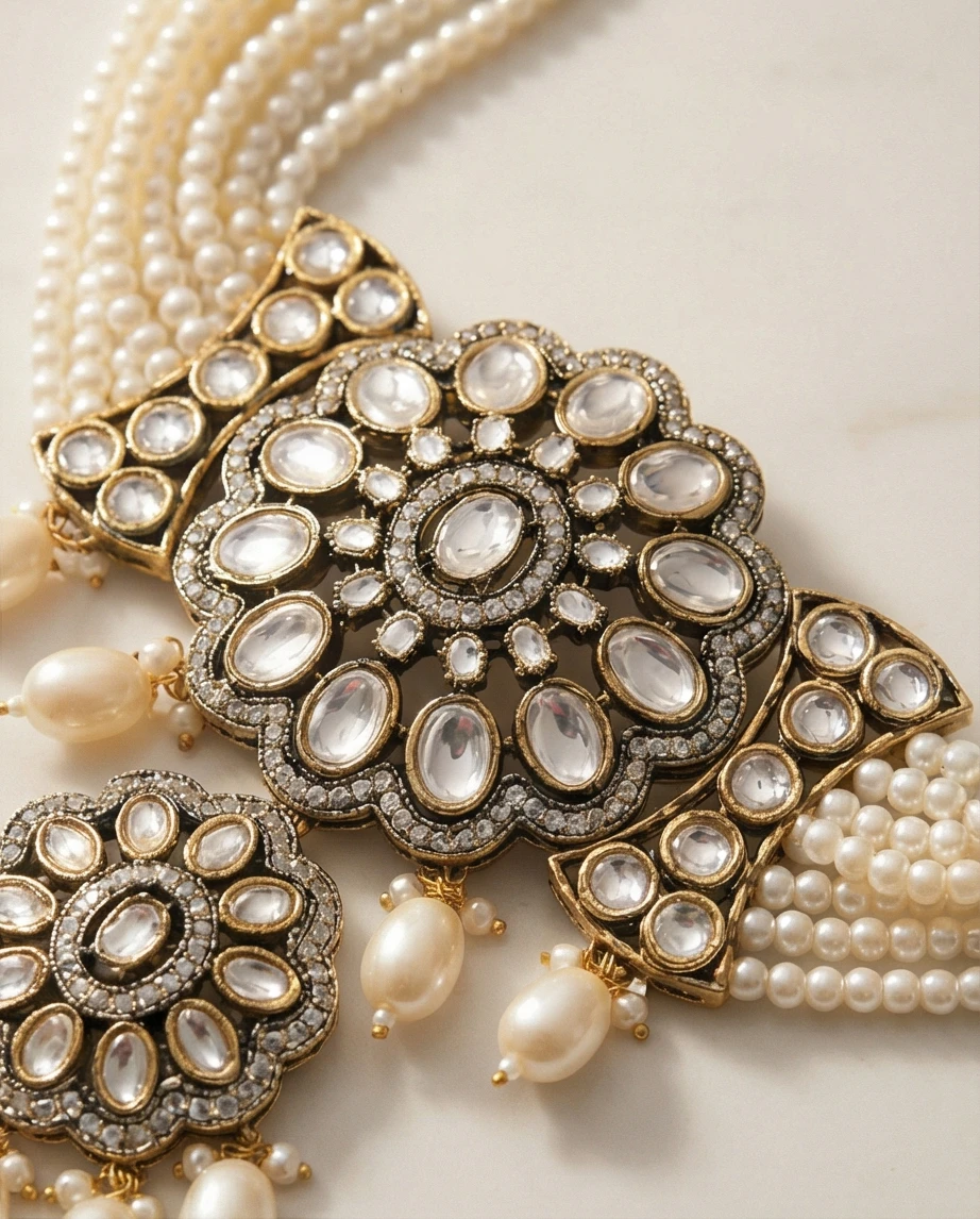 Chunky Pearl Choker Necklace & Earring Set with Gemstone Accents - photo 2