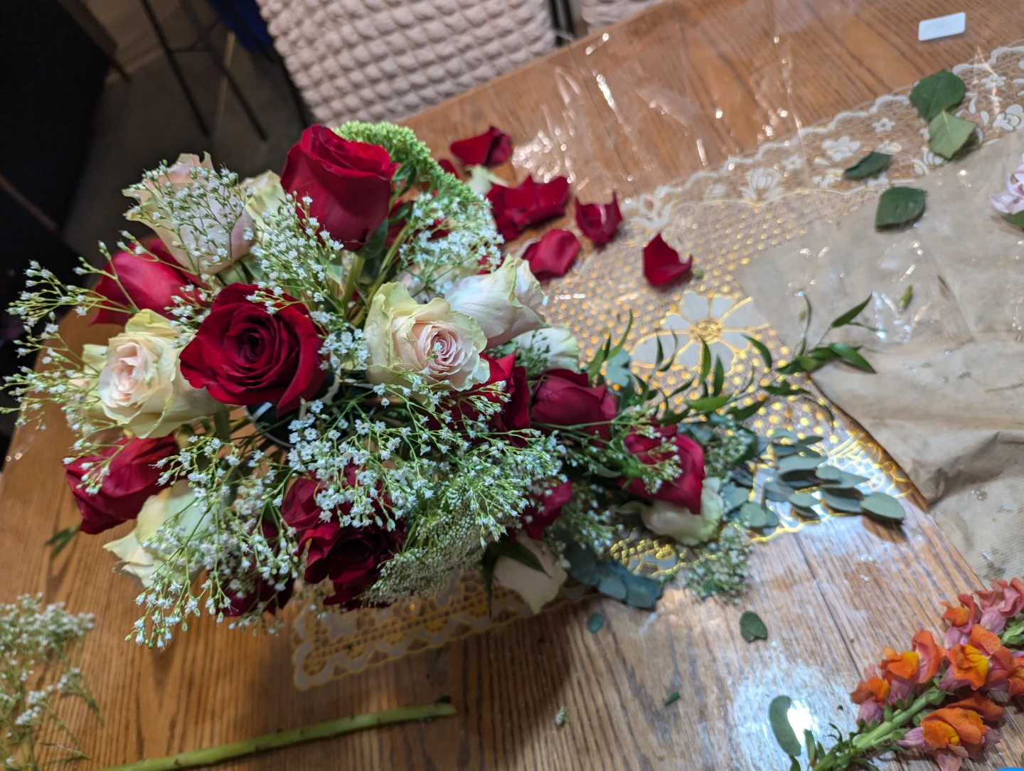 Red and White Rose Bouquet with Mixed Fillers