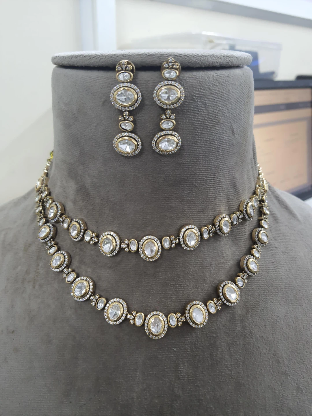 Double-Layered Polki Necklace Set (Bridal/Reception)