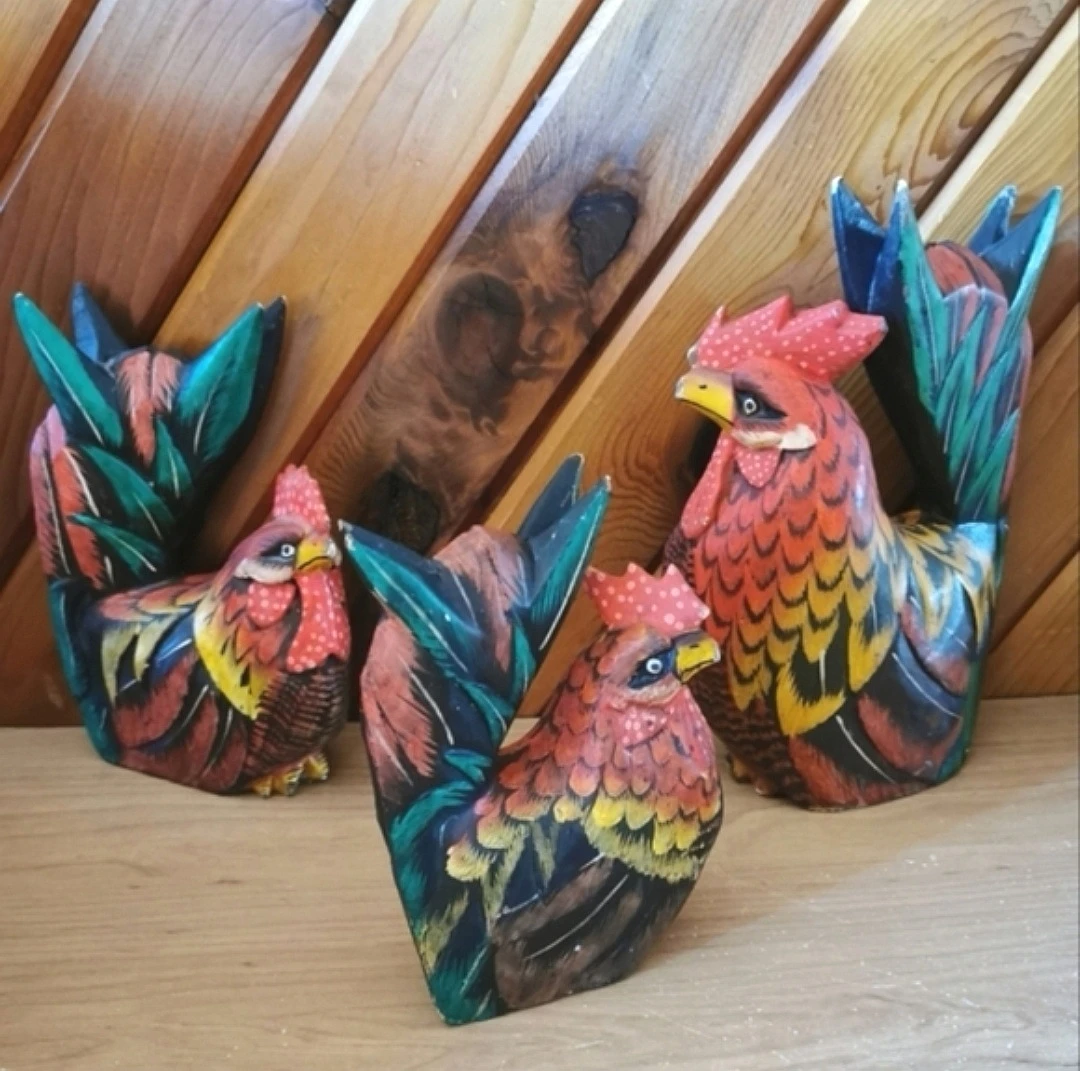 Vintage Handcarved Rooster with Chickens