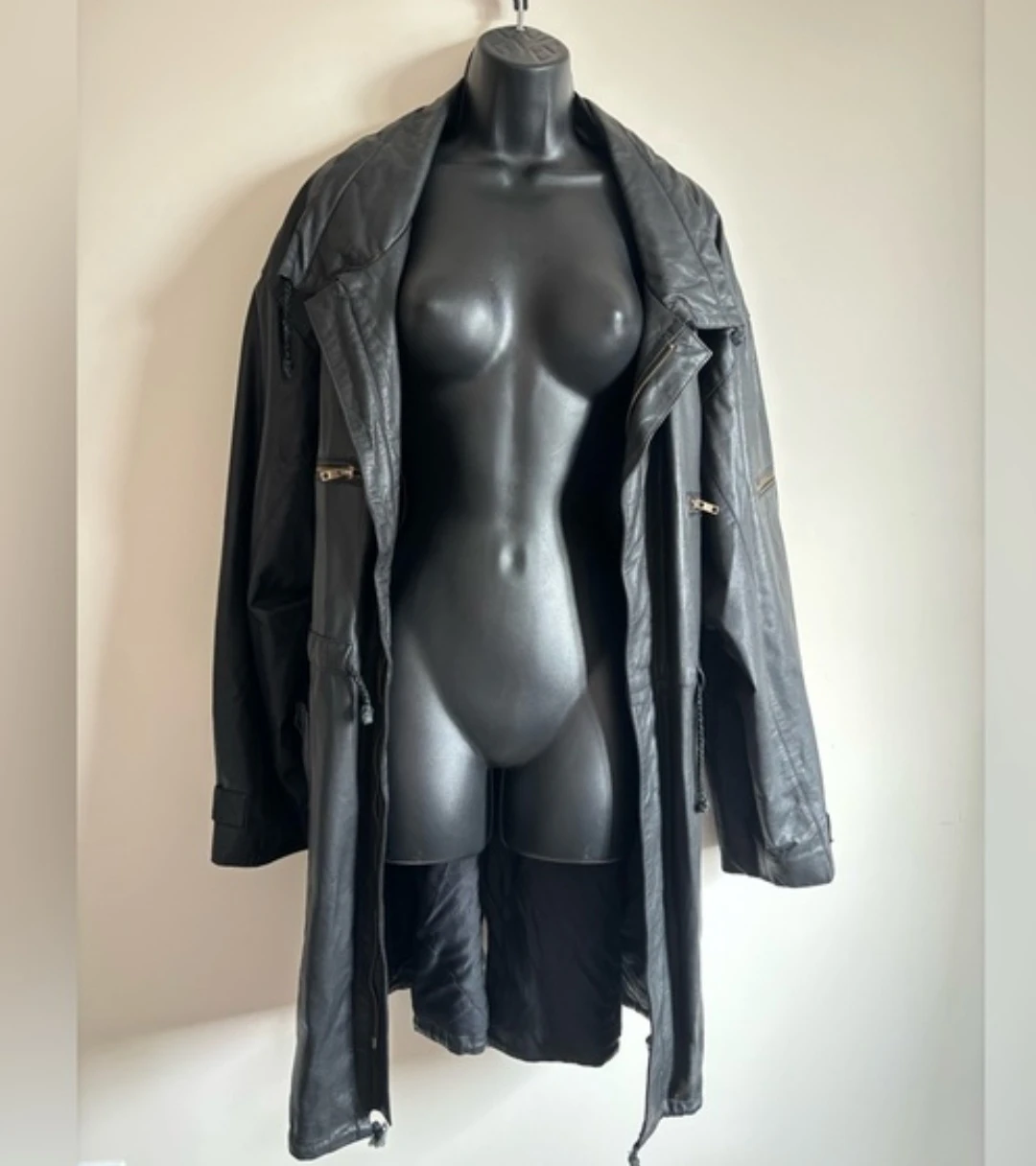 Vintage Black Leather Long Jacket - Size XL
