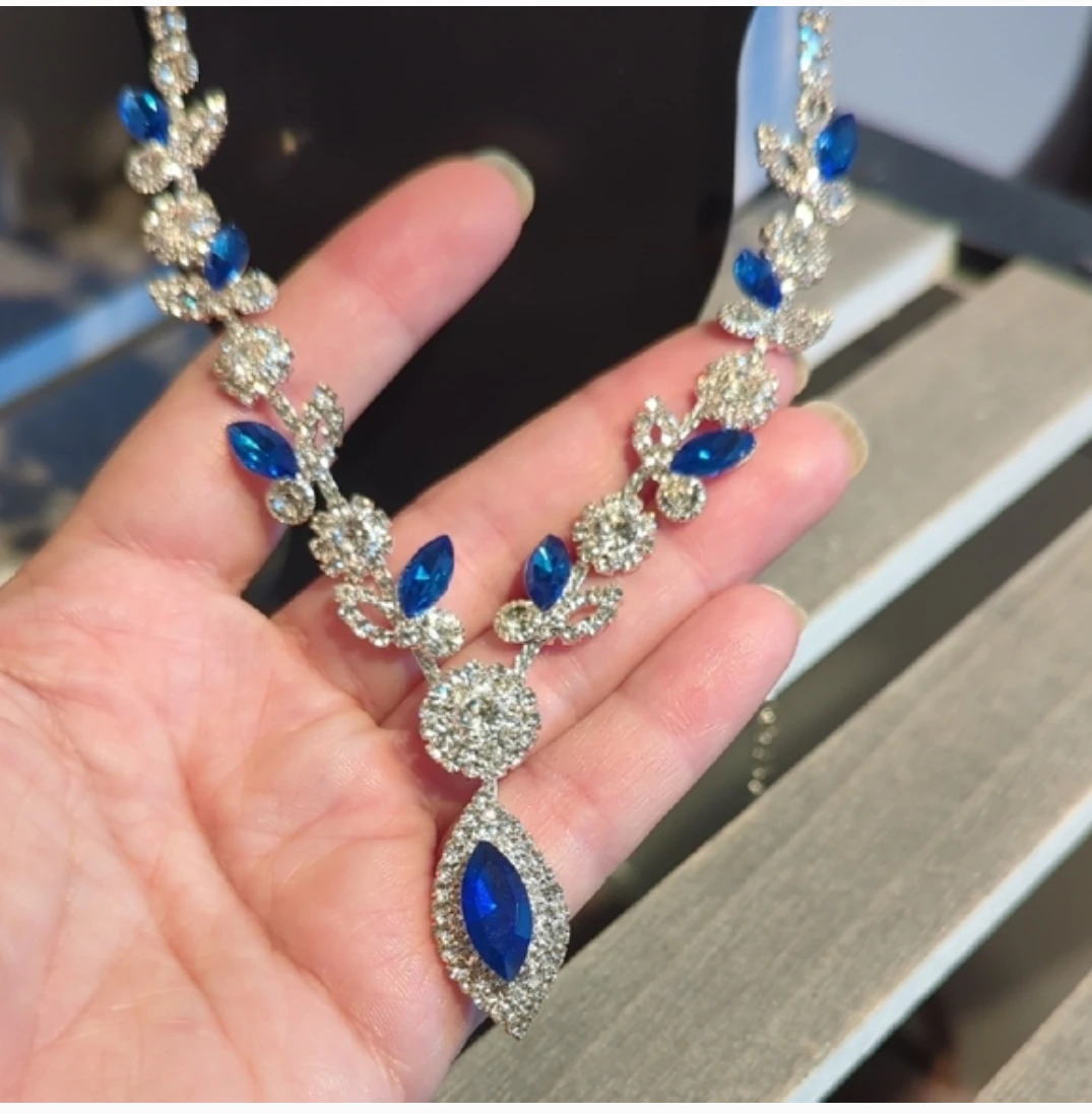 Rhinestone Necklace and Earring Set with Blue Gems - photo 4