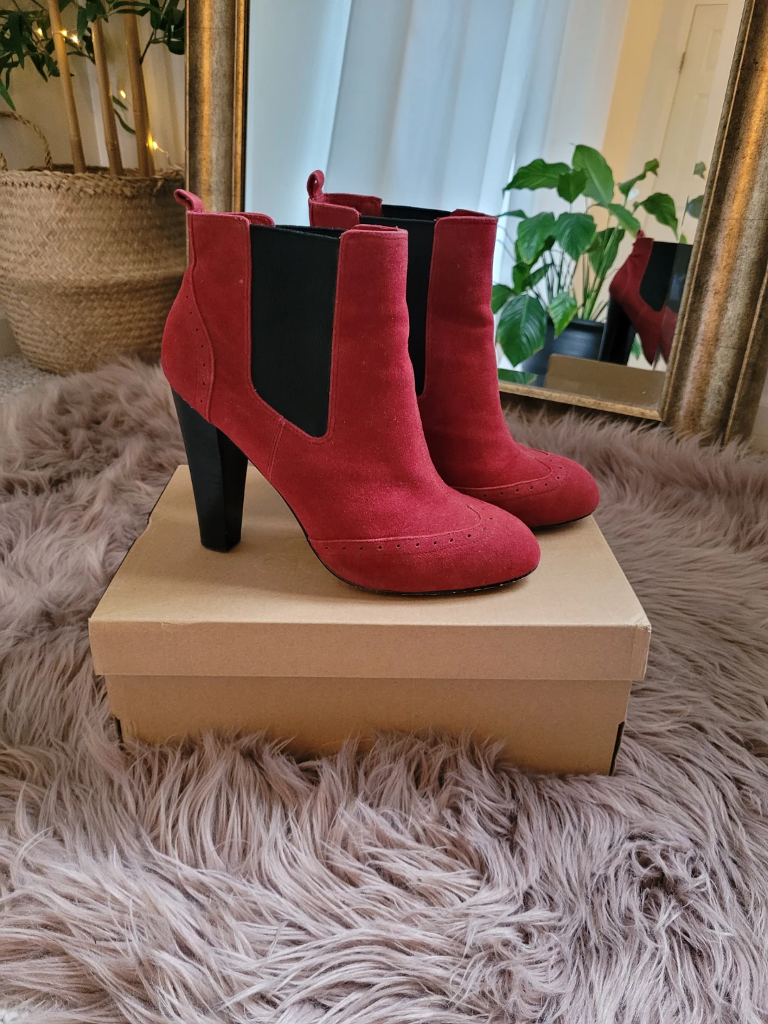 Red Suede Heeled Ankle Boots