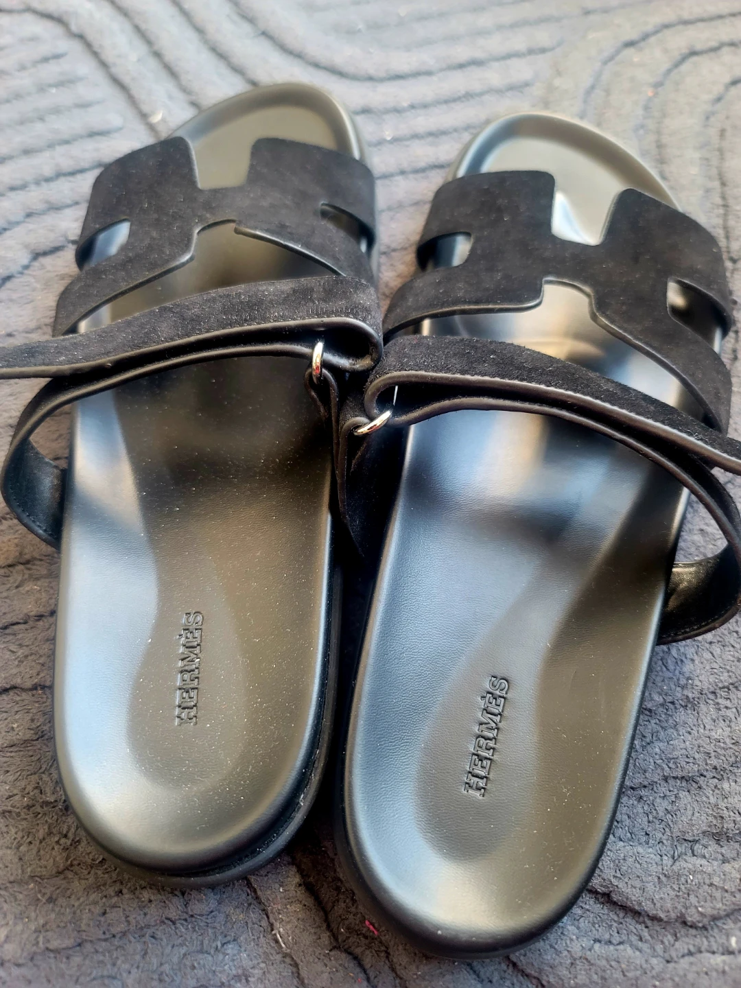 New Men Hermès Black Suede and Leather Slides - photo 2