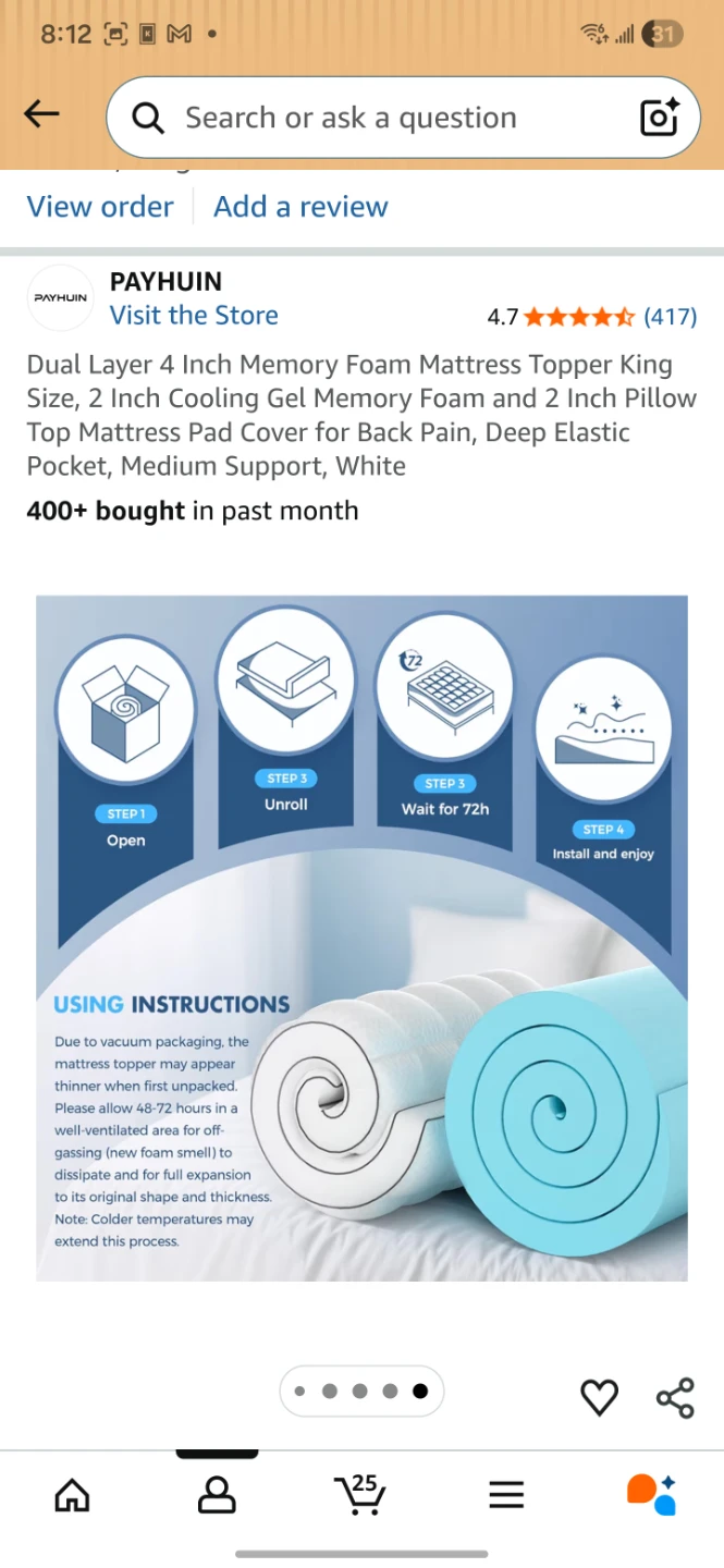 PAYHUIN Dual Layer 4 Inch Memory Foam Mattress Topper King White - photo 2