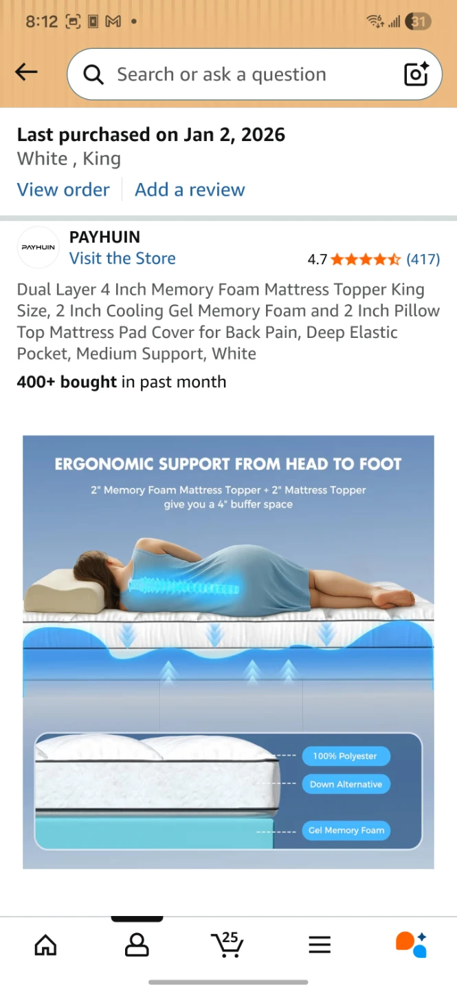 PAYHUIN Dual Layer 4 Inch Memory Foam Mattress Topper King White - photo 5