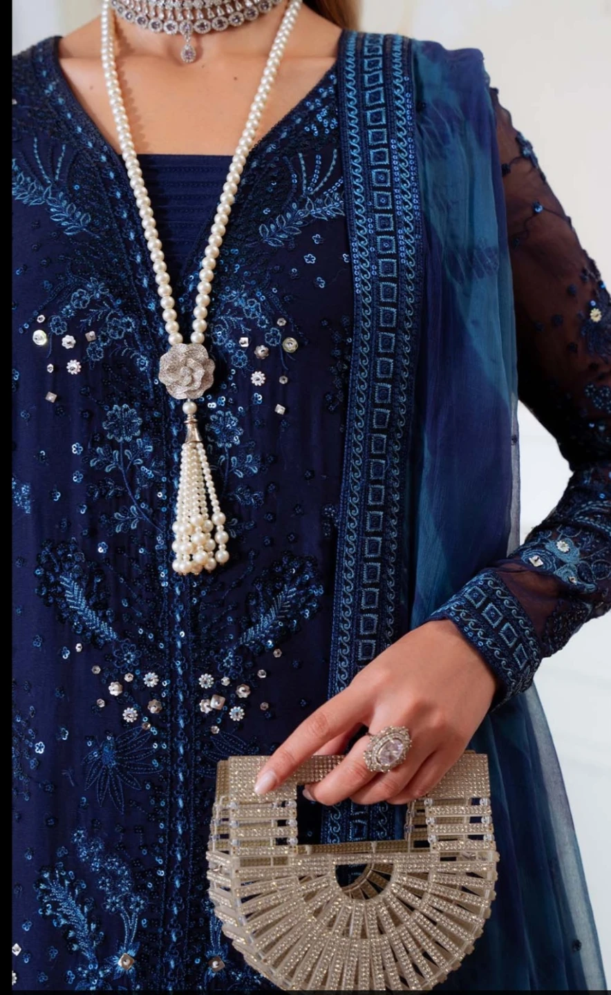 Navy Blue Embellished Dress with Dupatta - photo 4