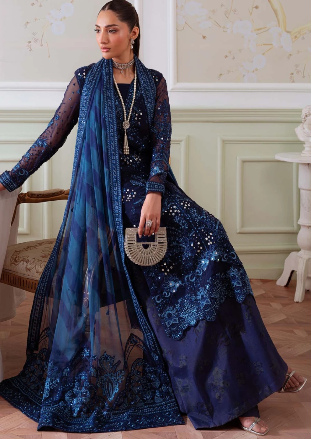 Navy Blue Embellished Dress with Dupatta - photo 5