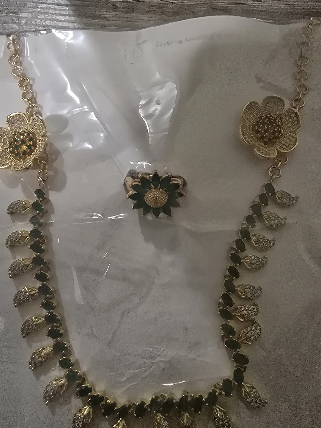 Gold Tone Necklace and Ring Set with Green Stones - photo 2