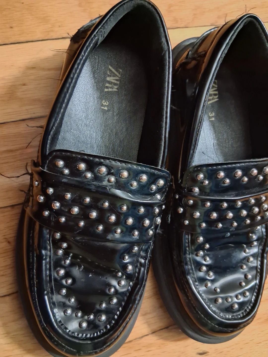 ZARA Black Patent Studded Loafer Shoes - Size 37 - photo 2