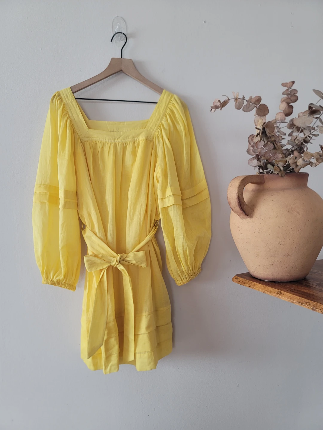 Banana Republic Yellow Linen Ramie Puff Sleeve Dress Sz L NWT