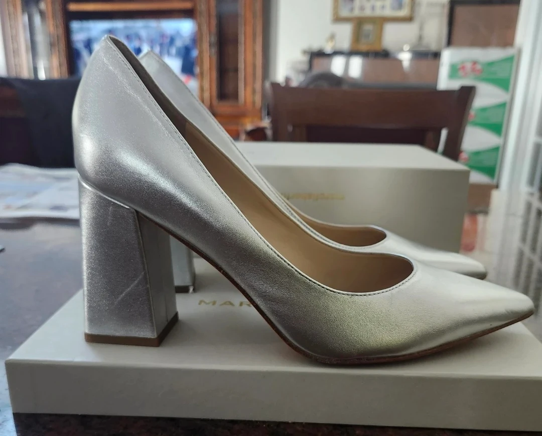 Leather Marc Fisher LTD Silver Leather Pointed Toe Block Heels