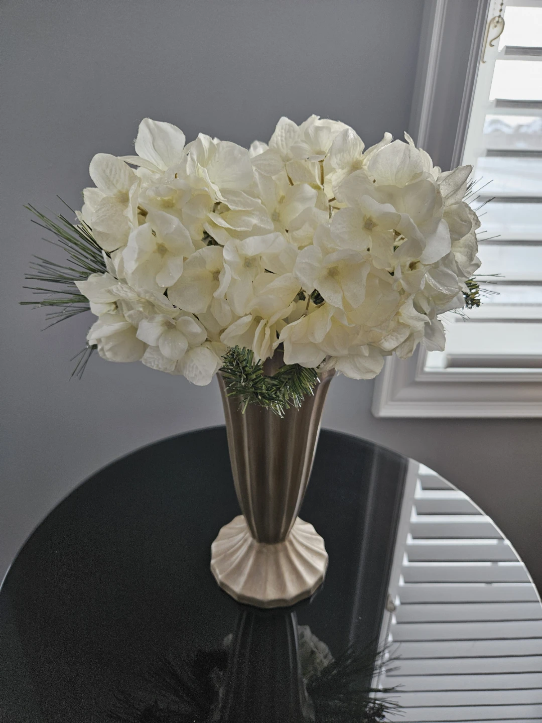 Artificial White Hydrangea in Clay Vase
