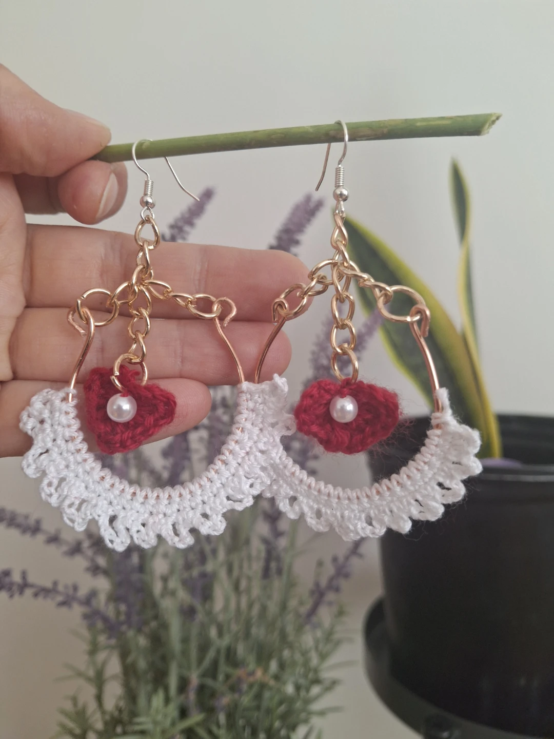 Handmade Crochet Heart & Pearl Hoop Earrings