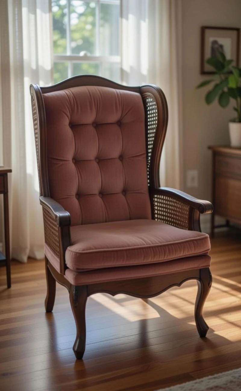 Vintage Coral Velvet & Rattan Armchair