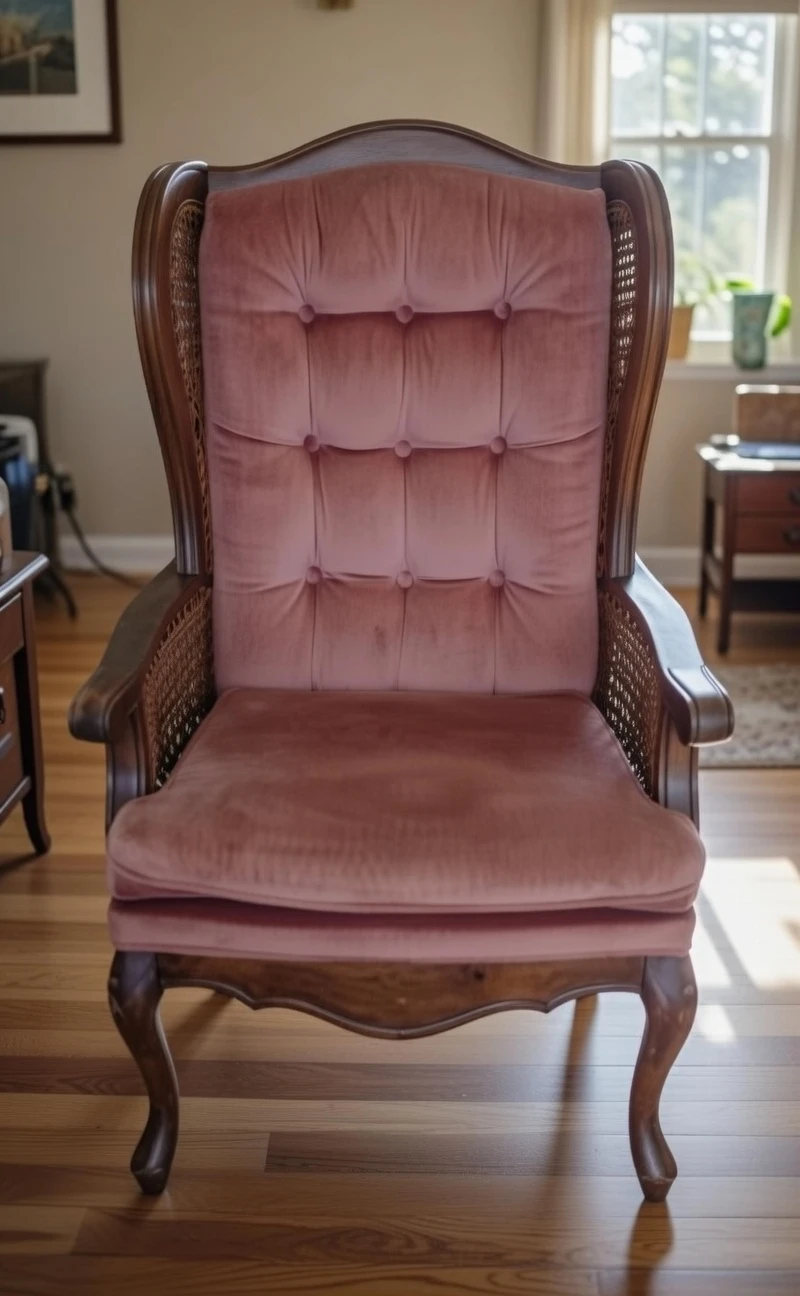 Vintage Coral Velvet & Rattan Armchair - photo 2