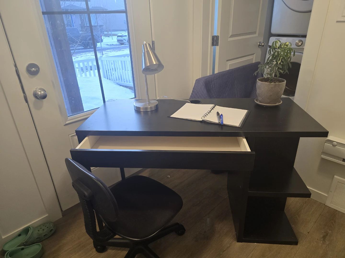 Black Desk with Drawer and Shelves, small chair included